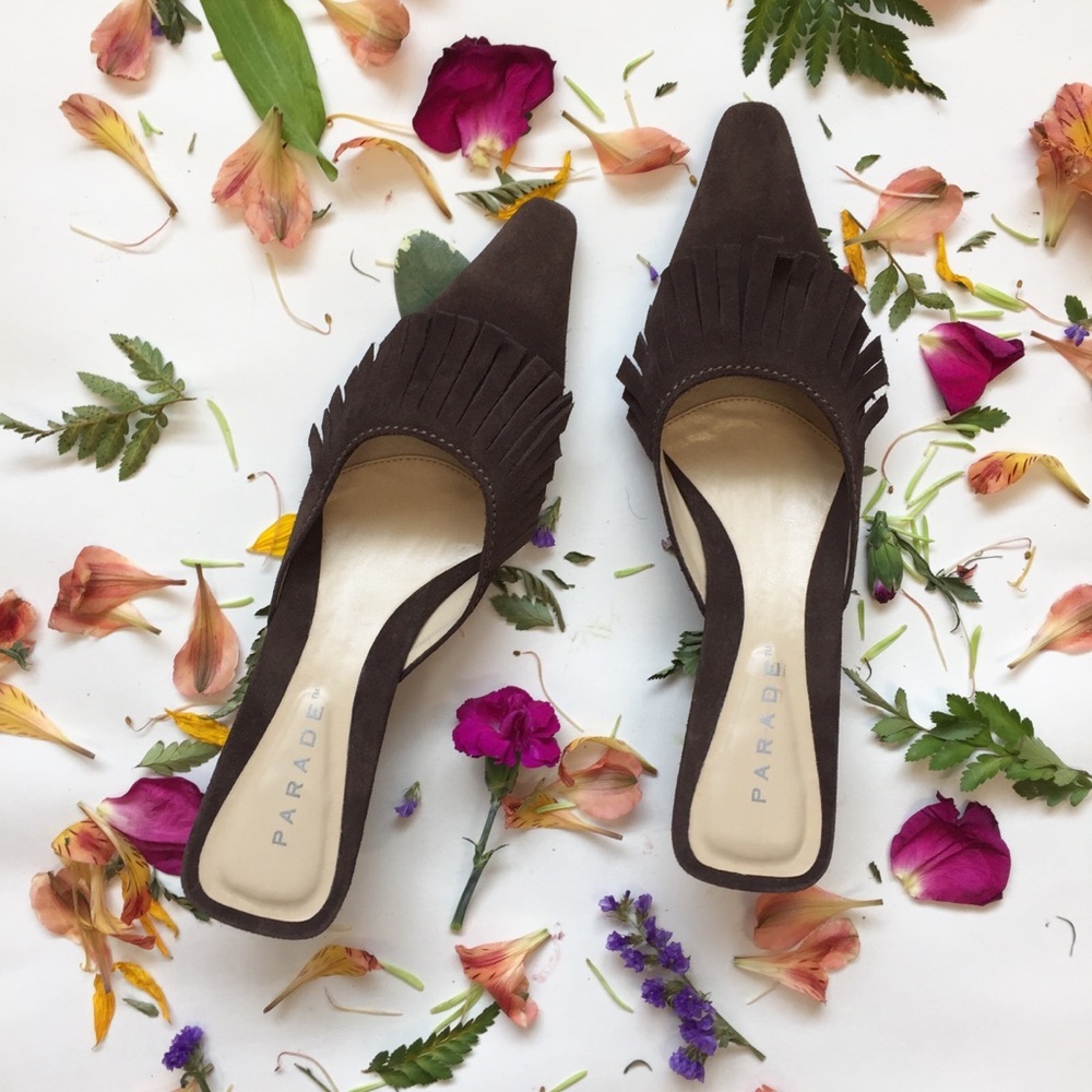 Leather Fringe Mules Kitten Heels